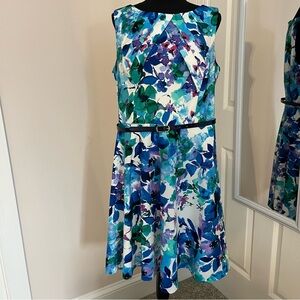 DressBarn Floral Blue/Green Midi Dress w/ belt women's size 16